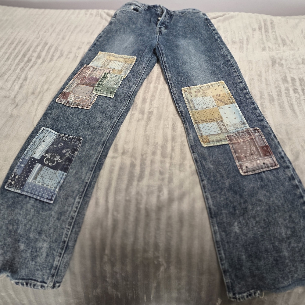 SO Super High Rise Dad Straight Patchwork Raw Hem Denim Jeans Womens 3/26. 560